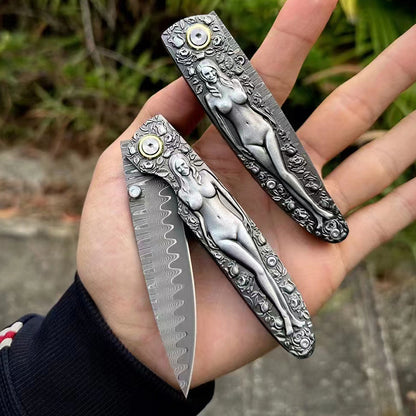 Double Sided Engraved Vintage Handle Folding Knife Damascus Blade Outdoor Survival Pocket Pocket Knives