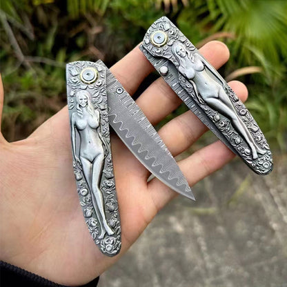 Double Sided Engraved Vintage Handle Folding Knife Damascus Blade Outdoor Survival Pocket Pocket Knives