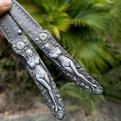 Double Sided Engraved Vintage Handle Folding Knife Damascus Blade Outdoor Survival Pocket Pocket Knives