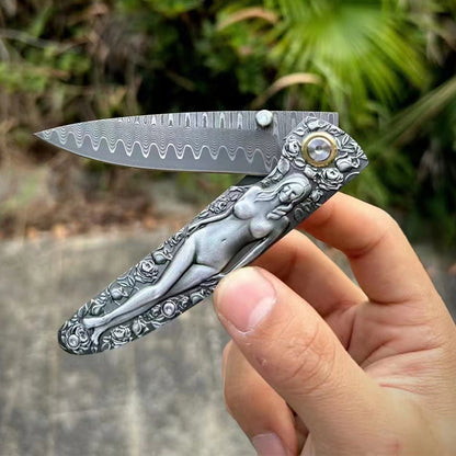 Double Sided Engraved Vintage Handle Folding Knife Damascus Blade Outdoor Survival Pocket Pocket Knives