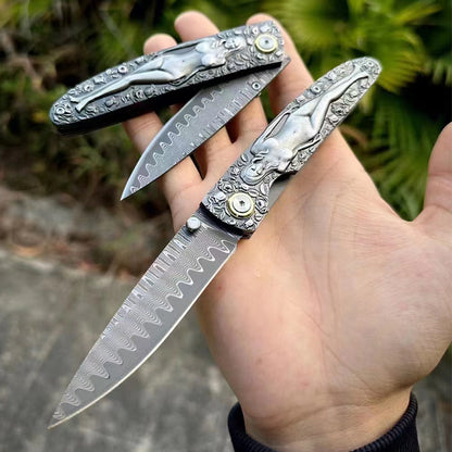 Double Sided Engraved Vintage Handle Folding Knife Damascus Blade Outdoor Survival Pocket Pocket Knives