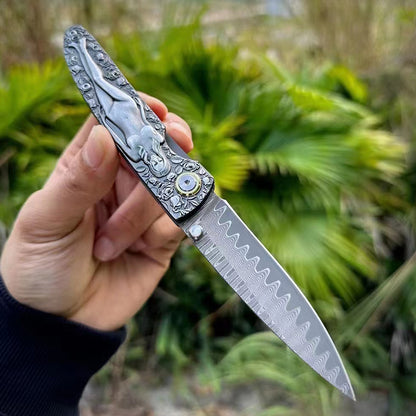 Double Sided Engraved Vintage Handle Folding Knife Damascus Blade Outdoor Survival Pocket Pocket Knives