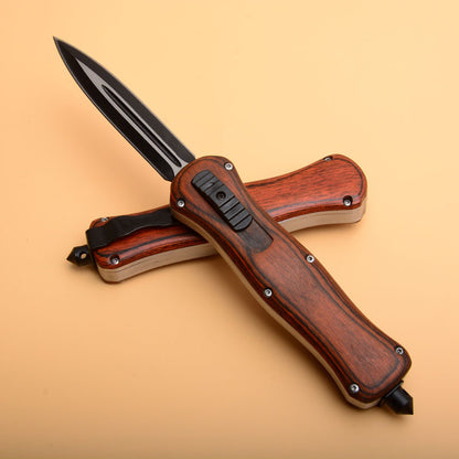 Wood Handle Tactical Knife Emergency Window Breaker EDC Tool Camping Pocket Knives