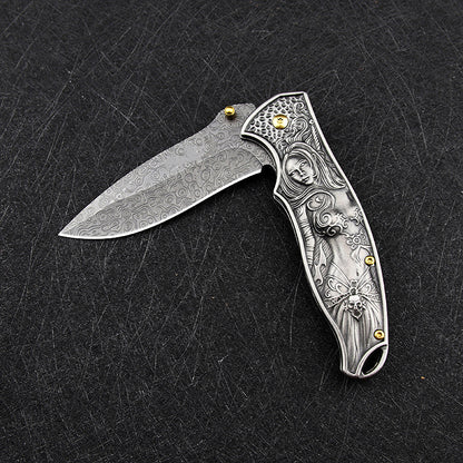 Female God of War-Embossed Handle Folding Knife Outdoor Camping Hunting Pocket EDC Tool