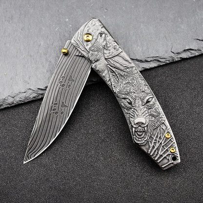 Wolf-Embossed Handle Folding Knife Outdoor Camping Hunting Pocket EDC Tool