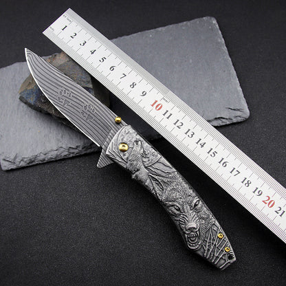 Wolf-Embossed Handle Folding Knife Outdoor Camping Hunting Pocket EDC Tool