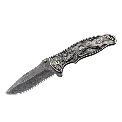 Female God of War-Embossed Handle Folding Knife Outdoor Camping Hunting Pocket EDC Tool