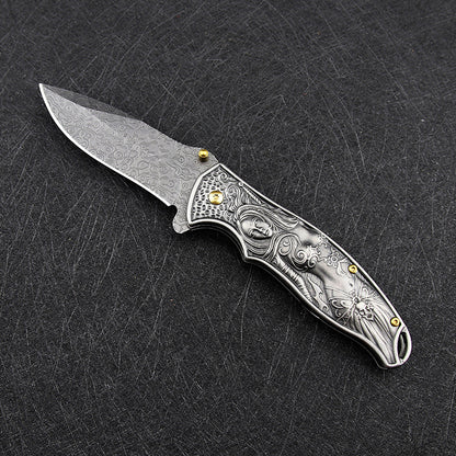 Female God of War-Embossed Handle Folding Knife Outdoor Camping Hunting Pocket EDC Tool