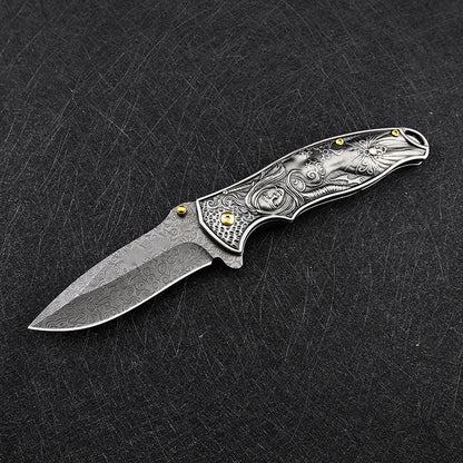 Female God of War-Embossed Handle Folding Knife Outdoor Camping Hunting Pocket EDC Tool