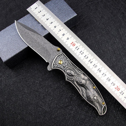 Female God of War-Embossed Handle Folding Knife Outdoor Camping Hunting Pocket EDC Tool