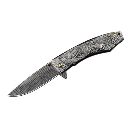 Wolf-Embossed Handle Folding Knife Outdoor Camping Hunting Pocket EDC Tool