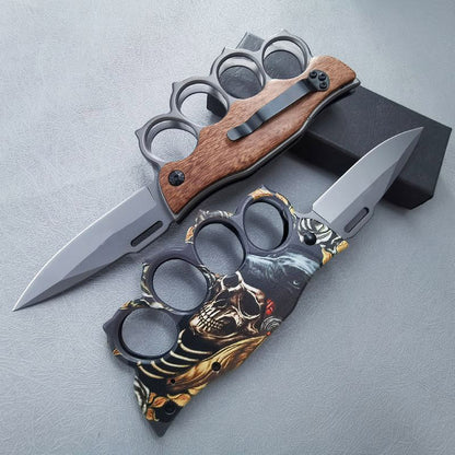 Wooden Handle Folding Knuckle Knife Outdoor Self Defense Pocket Knives EDC Tools