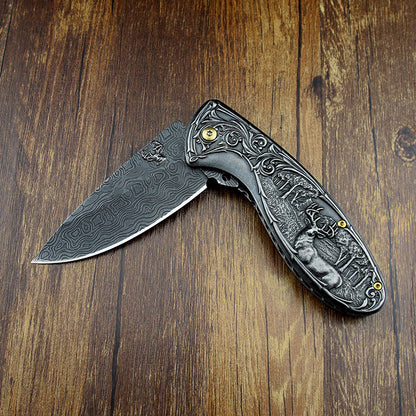 Deer-Embossed Handle Folding Knife Outdoor Camping Hunting Pocket EDC Tool