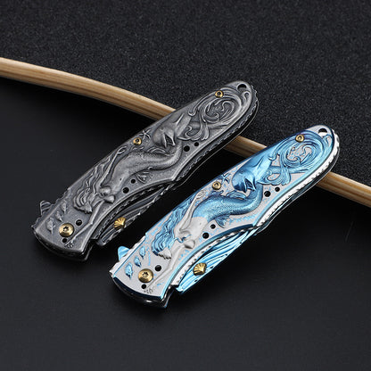 Mermaid-Embossed Handle Folding Knife Outdoor Camping Hunting Pocket EDC Tool