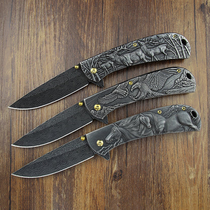 Sheep Eagle Horse-Embossed Handle Folding Knife Outdoor Camping Hunting Pocket EDC Tool