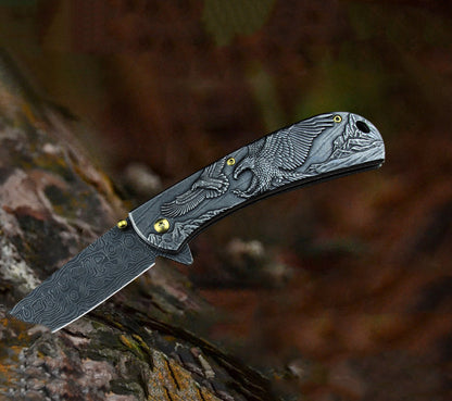 Sheep Eagle Horse-Embossed Handle Folding Knife Outdoor Camping Hunting Pocket EDC Tool