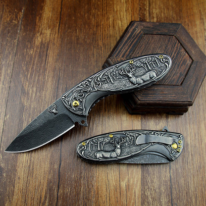 Deer-Embossed Handle Folding Knife Outdoor Camping Hunting Pocket EDC Tool