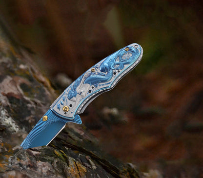 Mermaid-Embossed Handle Folding Knife Outdoor Camping Hunting Pocket EDC Tool