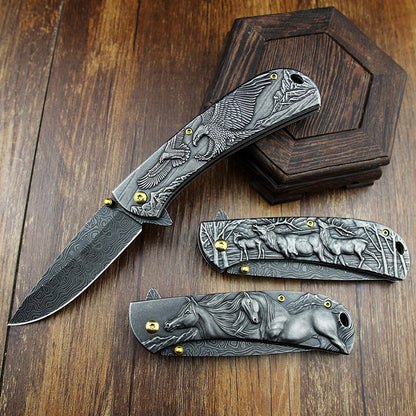 Sheep Eagle Horse-Embossed Handle Folding Knife Outdoor Camping Hunting Pocket EDC Tool