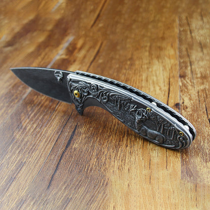 Deer-Embossed Handle Folding Knife Outdoor Camping Hunting Pocket EDC Tool