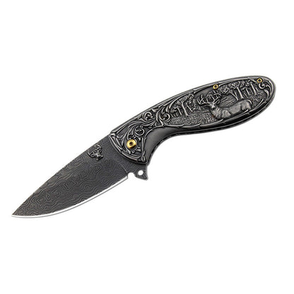 Deer-Embossed Handle Folding Knife Outdoor Camping Hunting Pocket EDC Tool