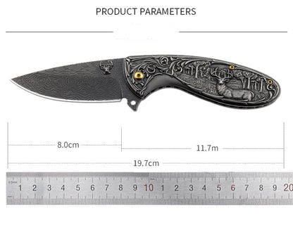 Deer-Embossed Handle Folding Knife Outdoor Camping Hunting Pocket EDC Tool