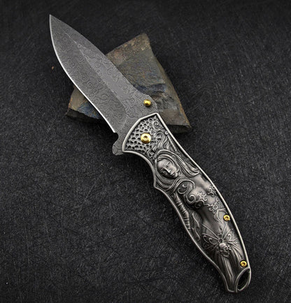 Female God of War-Embossed Handle Folding Knife Outdoor Camping Hunting Pocket EDC Tool