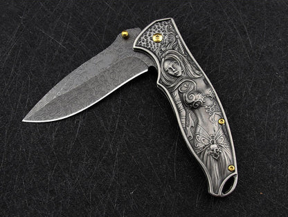 Female God of War-Embossed Handle Folding Knife Outdoor Camping Hunting Pocket EDC Tool