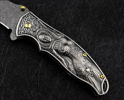 Female God of War-Embossed Handle Folding Knife Outdoor Camping Hunting Pocket EDC Tool