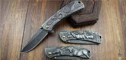 Sheep Eagle Horse-Embossed Handle Folding Knife Outdoor Camping Hunting Pocket EDC Tool