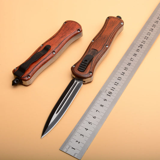 Wood Handle Tactical Automatic Knife Emergency Window Breaker EDC Tool Camping Pocket Knives
