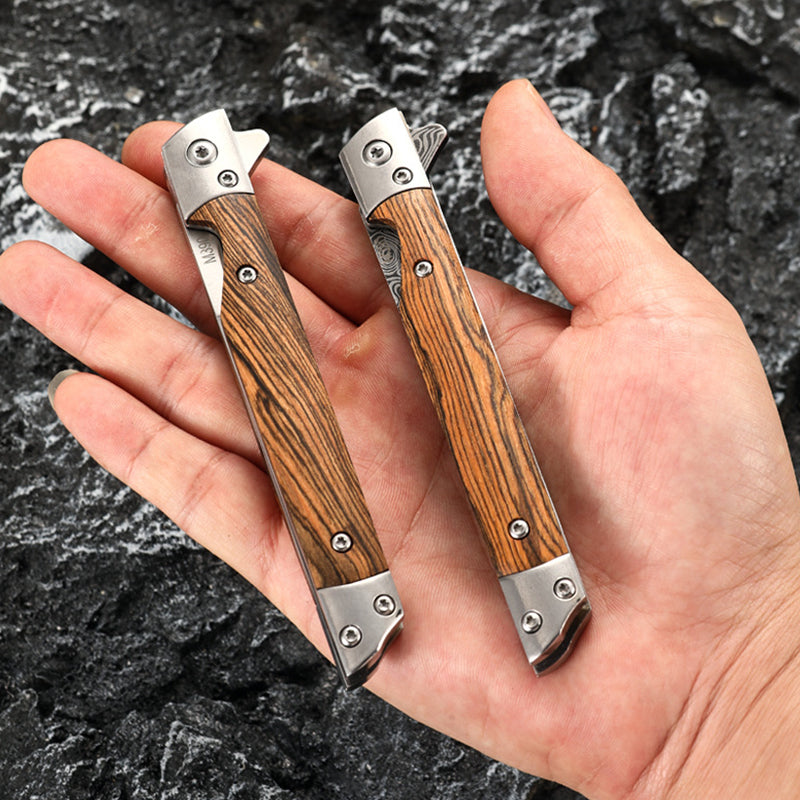 Wood Handle Folding Knife Damascus Pattern Camping Pocket Knives