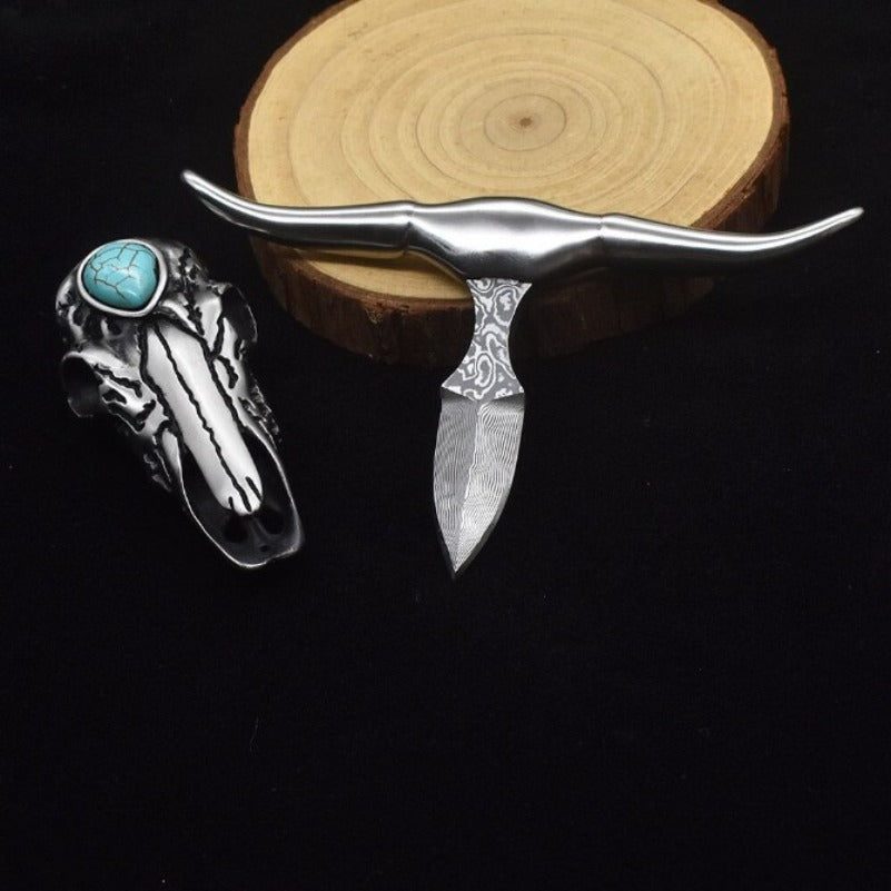 Damascus Steel Bullhead Knife Portable EDC Decoration