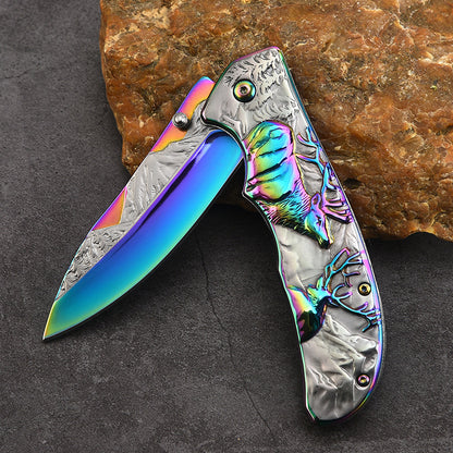 Embossed Deer Handle Folding Knife Outdoor Defense Pocket Knives