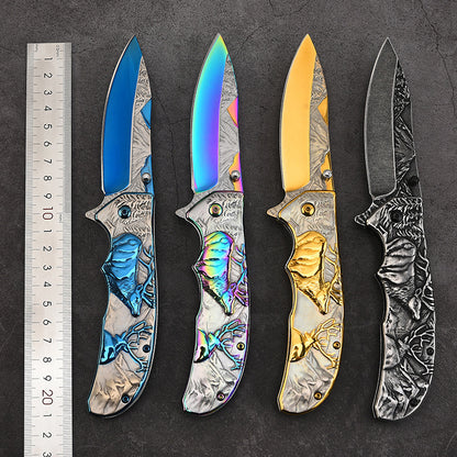 Embossed Deer Handle Folding Knife Outdoor Defense Pocket Knives