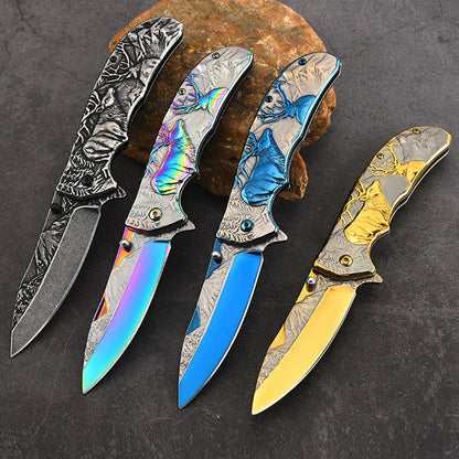 Embossed Deer Handle Folding Knife Outdoor Defense Pocket Knives