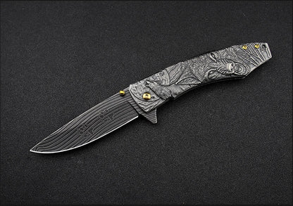 Wolf-Embossed Handle Folding Knife Outdoor Camping Hunting Pocket EDC Tool