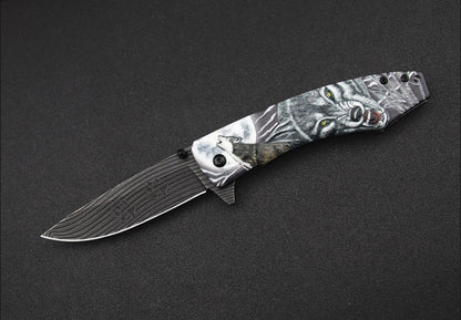 Wolf-Embossed Handle Folding Knife Outdoor Camping Hunting Pocket EDC Tool