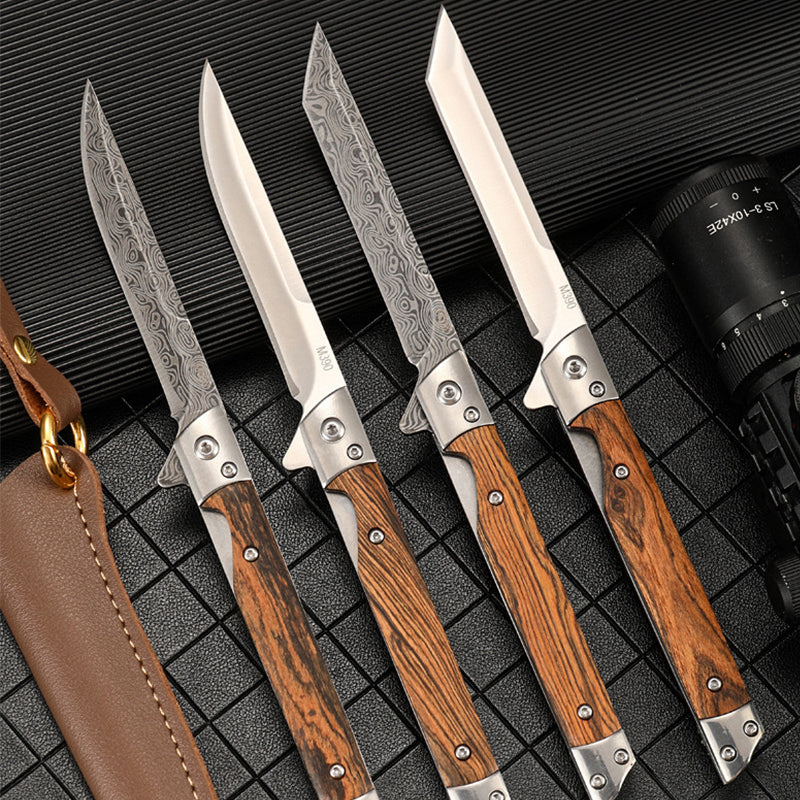 Wood Handle Folding Knife Damascus Pattern Camping Pocket Knives