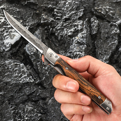 Wood Handle Folding Knife Damascus Pattern Camping Pocket Knives