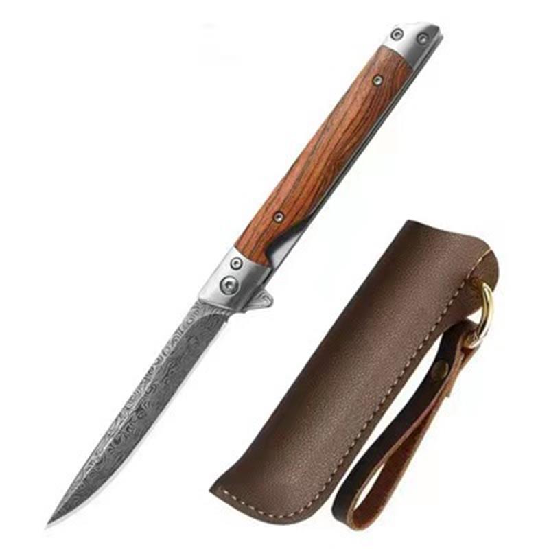 Wood Handle Folding Knife Damascus Pattern Camping Pocket Knives