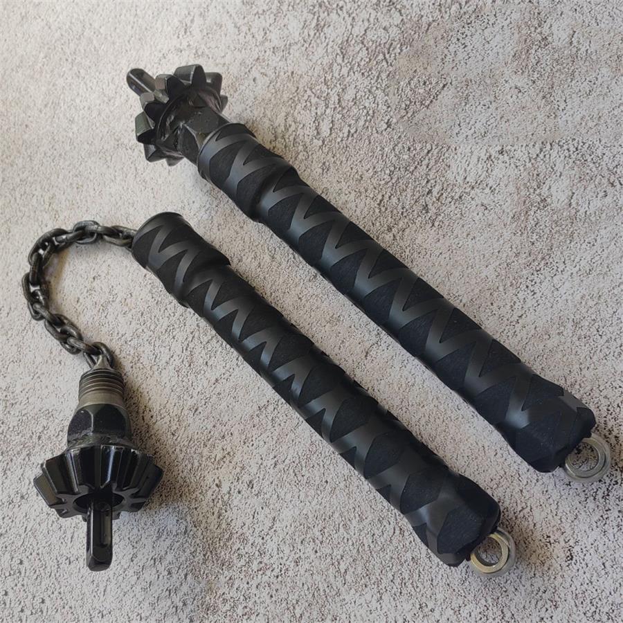 One unit with chain extended showing swinging hammer head, one in compact form