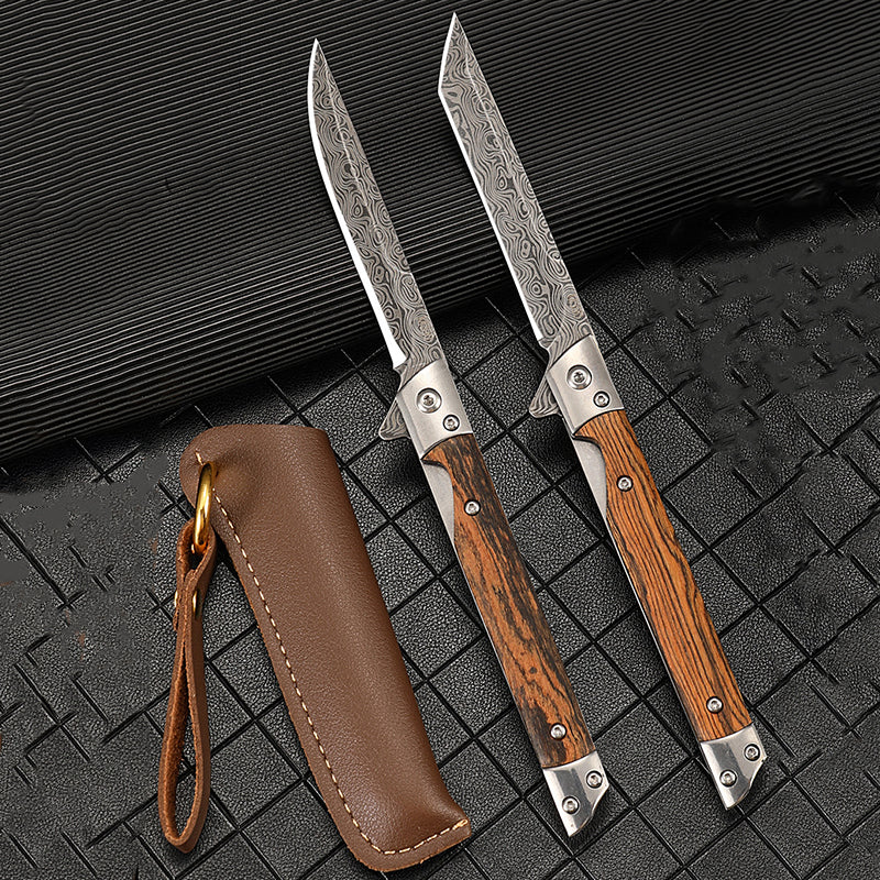 Wood Handle Folding Knife Damascus Pattern Camping Pocket Knives