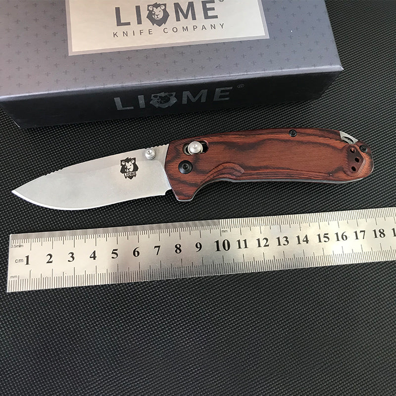 Liome 15031 Tactical Folding Knife Wooden Handle Stone Wash Blade Outdoor Camping Survival Safe Life-saving Pocket Knives